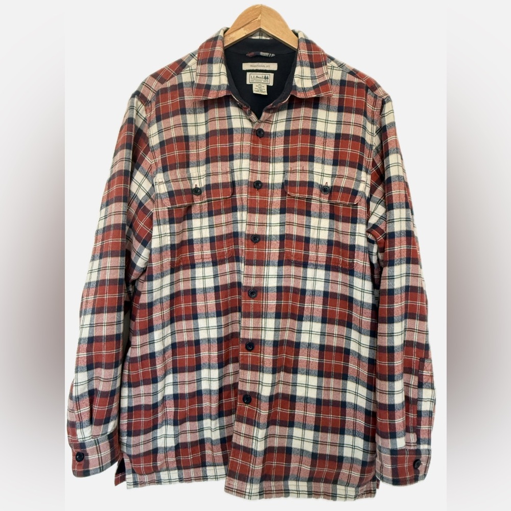 L.L. Bean Men's Red Plaid Fleece Lined Flannel Shacket Jacket Cozy Warm M